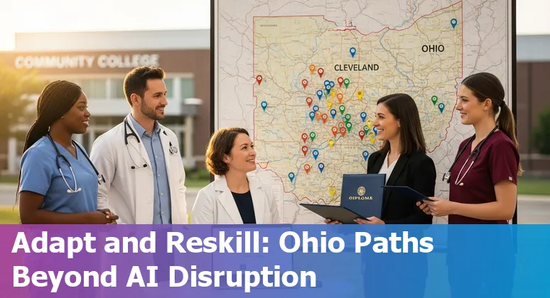 Healthcare worker in Cleveland hospital beside AI diagnostic screen, highlighting jobs at risk and reskilling.