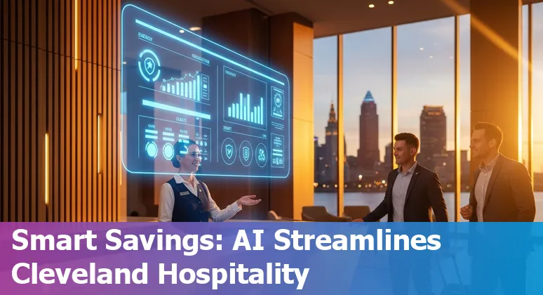 Hotel front desk with AI kiosk and Cleveland, Ohio skyline showing AI-driven hospitality efficiency