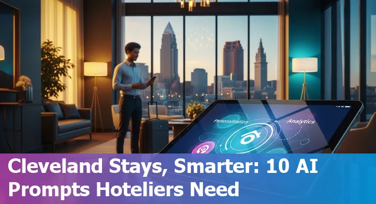 Hotel concierge tablet showing Cleveland skyline with AI icons for personalization, pricing, and operations
