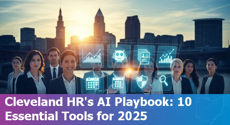 HR professional using AI tools dashboard with Cleveland skyline in the background