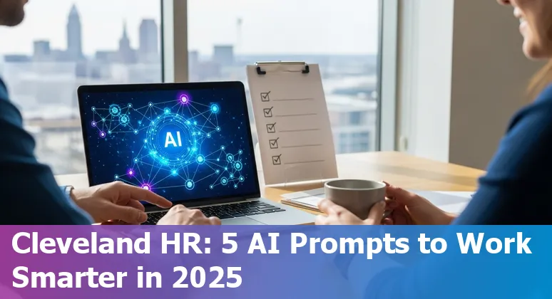Cleveland HR professional using AI prompts on a laptop with city skyline in background.