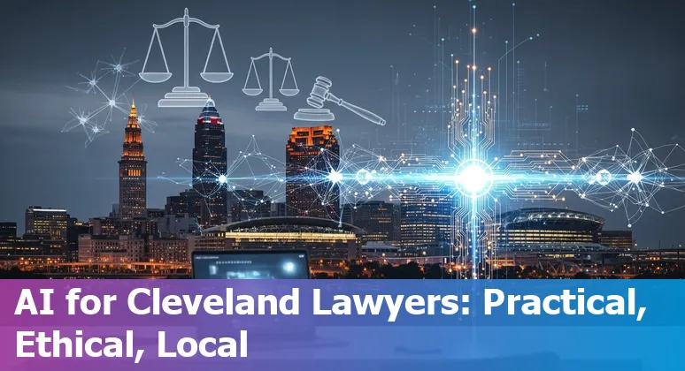 Cleveland, Ohio legal professional using AI on a laptop with Cleveland skyline in background, 2025
