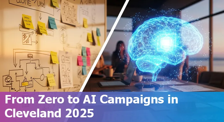 Marketing professional using AI tools in Cleveland, Ohio in 2025, skyline visible