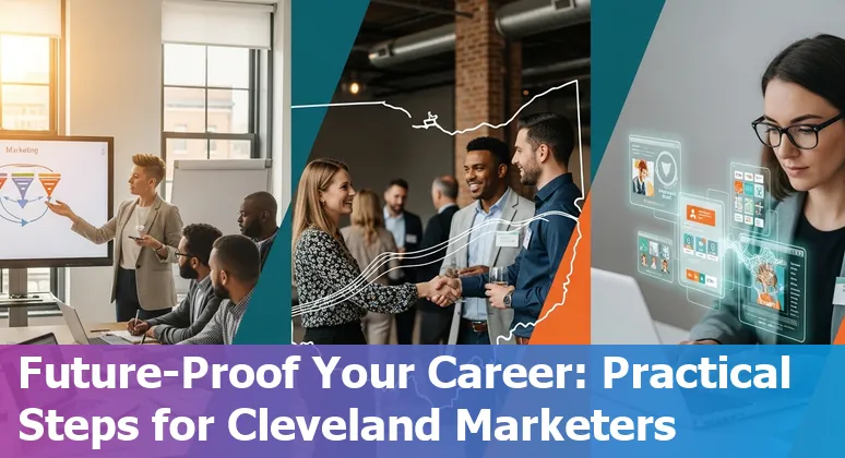 Cleveland, Ohio marketer using AI tools in 2025, skyline and local neighborhoods in background