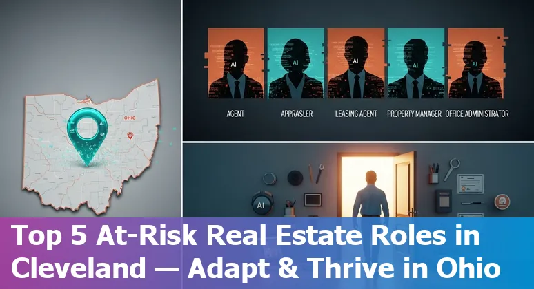 Cleveland skyline with real estate icons and AI gears, symbolizing AI impact on local real estate jobs.
