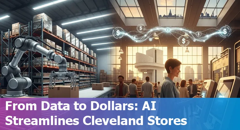 Cleveland, Ohio retail store with AI analytics dashboard showing cost and efficiency improvements