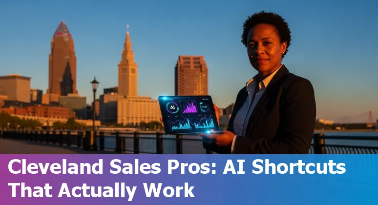 Sales professional using AI tools in Cleveland, Ohio with local skyline visible