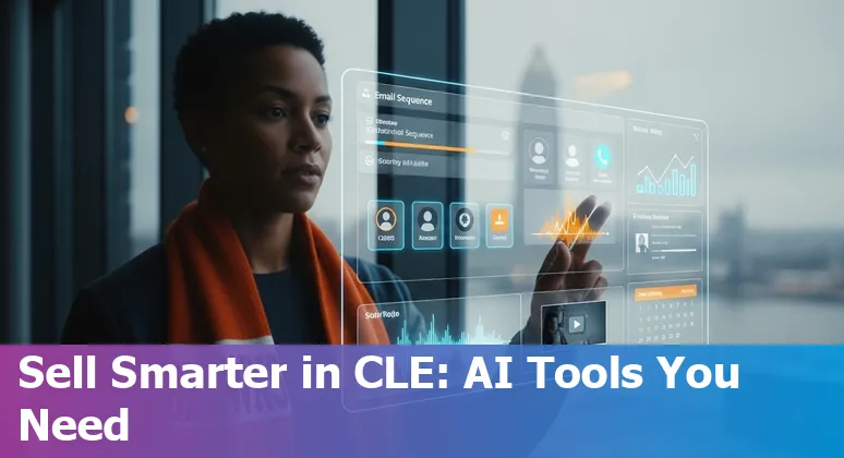 Cleveland sales professional using AI tools on laptop with downtown Cleveland skyline in background