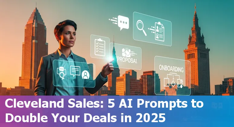 Cleveland sales professional using AI prompts on a laptop with Cleveland skyline in background