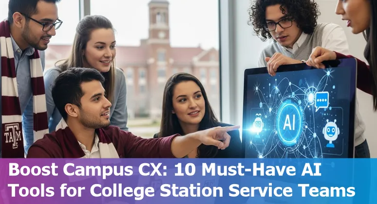 Customer service agent using AI chat tools on laptop with College Station campus in background