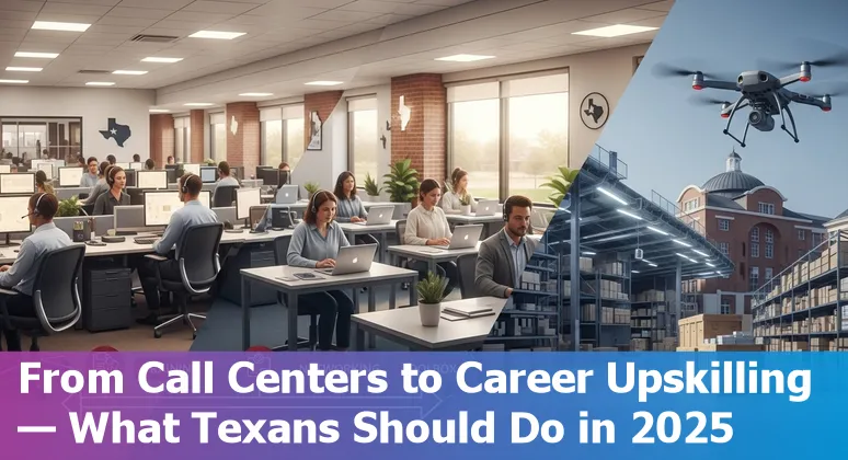 College Station, Texas customer service worker using AI tools with Amazon Prime Air drones in the background