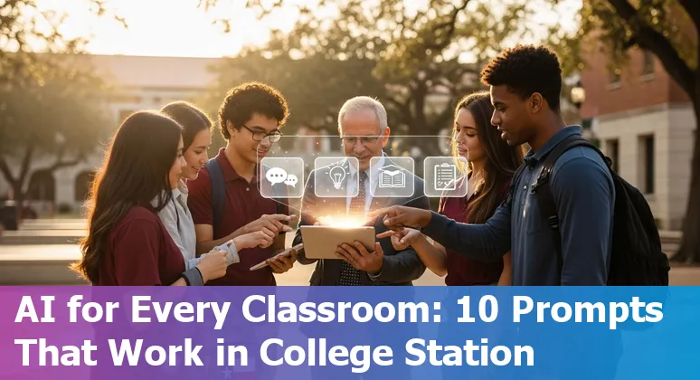 Students and faculty using AI tools on campus devices in College Station, Texas — tutoring, lesson planning, and policy discussion.