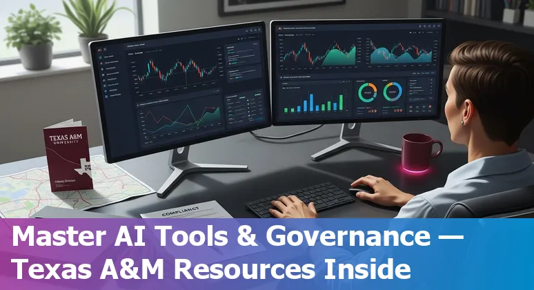 Finance professional using AI tools with Texas A&M campus view, College Station, Texas