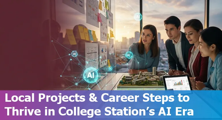 Finance professional learning AI skills in College Station, Texas — laptop, Power BI dashboard, and Texas A&M campus in background
