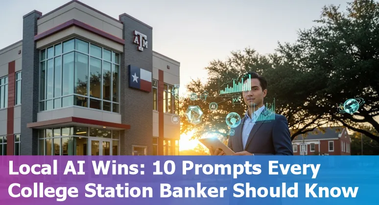 Illustration of AI tools and financial icons over a College Station, Texas skyline.