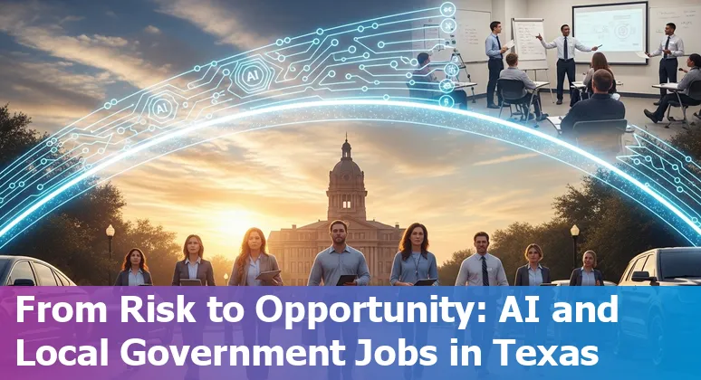 City government worker using a tablet while AI automation icons float above, representing jobs at risk from AI in College Station.