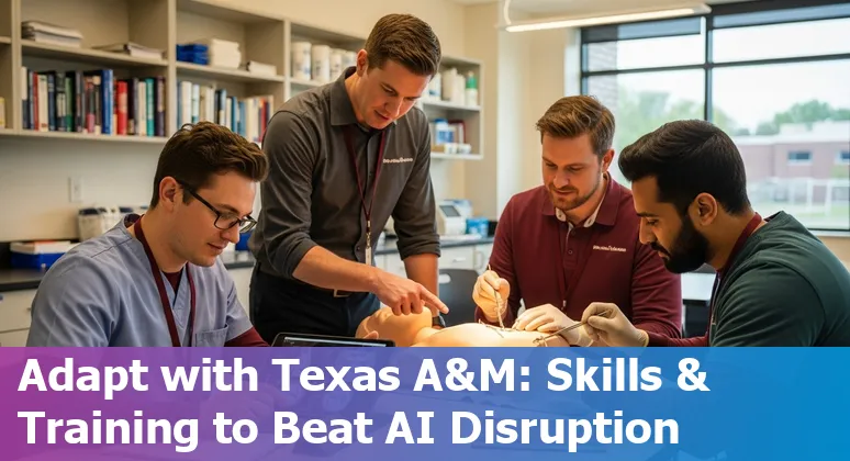 Healthcare workers in College Station discussing retraining options with Texas A&M campus in the background.