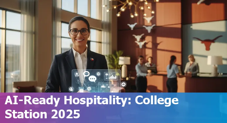 Hotel front desk using AI chatbot on tablet in College Station, TX with Texas A&M campus visible nearby