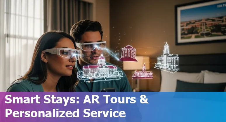 Hotel lobby with guests using voice assistants and AR map overlay near Texas A&M campus