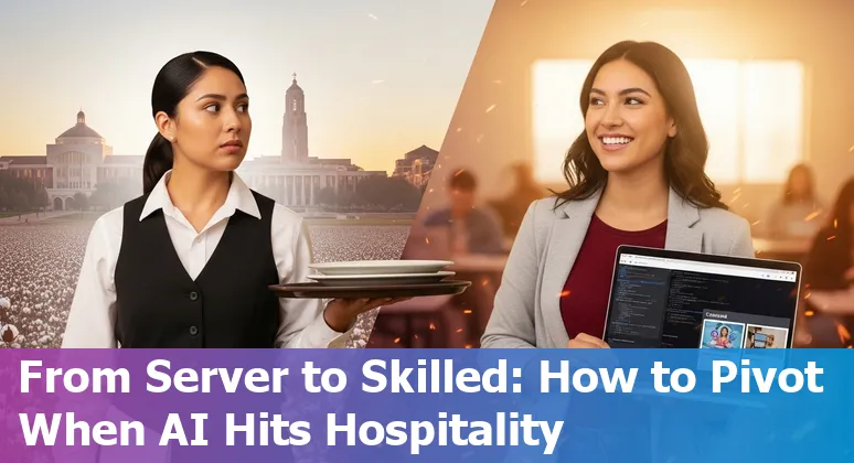 Hotel front desk, housekeeping robot, and Texas A&M campus indicating AI impact on local hospitality jobs