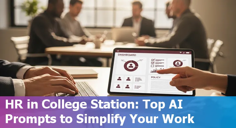 HR professional using AI prompts on laptop with College Station skyline in background