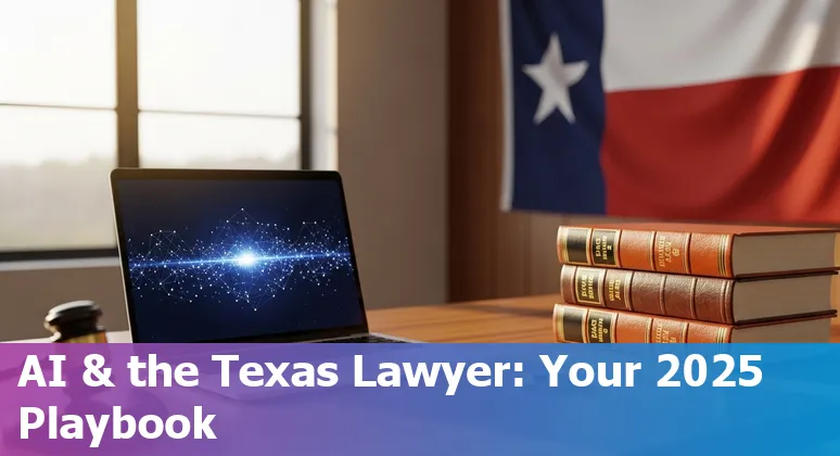 College Station, Texas lawyer using AI tools on a laptop with Texas flag in the background, 2025