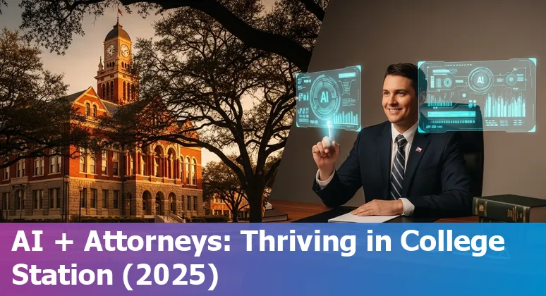 College Station, Texas lawyer using AI tools on a laptop with Texas flag—legal jobs and AI in College Station, Texas