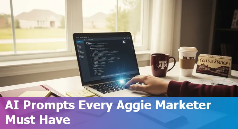 College Station marketer using AI prompts on a laptop with Texas A&M campus in the background