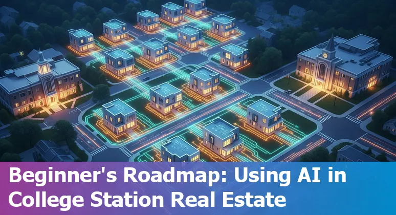 AI in real estate concept showing College Station, Texas skyline with data overlays and AI icons