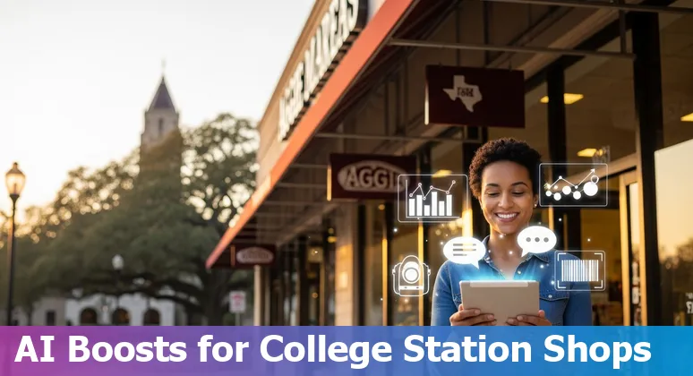 Retail store owner in College Station using AI prompts on a laptop to optimize inventory and customer engagement
