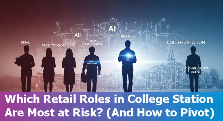 College Station retail workers learning new tech skills in a store with signage for AI-driven checkout and inventory systems