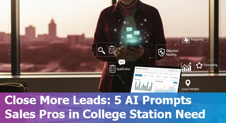 Sales professional using AI prompts on a laptop with College Station skyline and Texas A&M landmarks in the background.