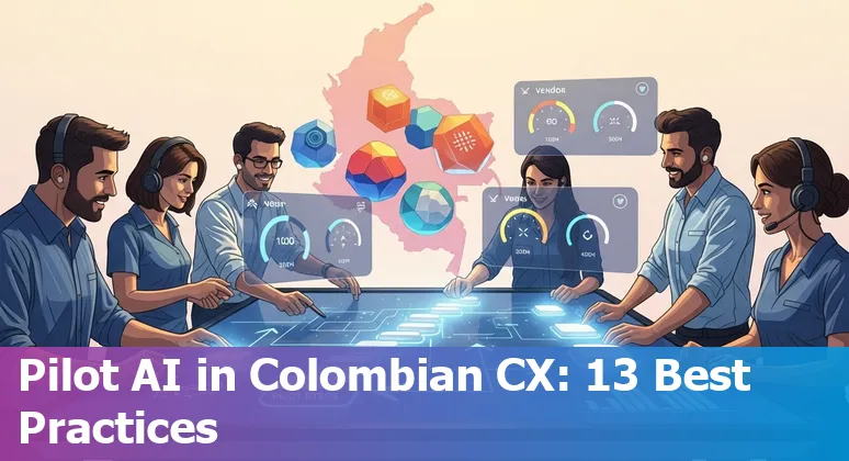 AI customer service workflow illustration for Colombia 2025 showing agents, WhatsApp, chatbots and compliance icons in Colombia