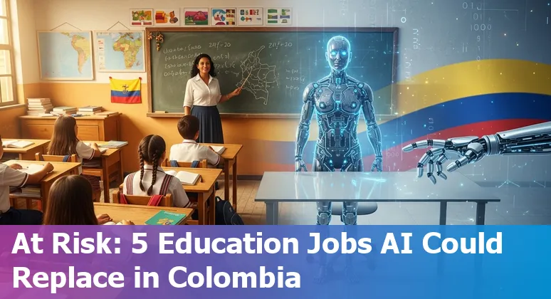 Colombian teacher using AI tools on a tablet while students work in small groups; overlay of Colombia map and education icons