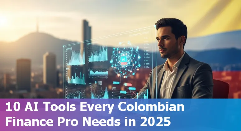 Collage of AI tools for finance: dashboards, invoices, Excel sheets and tax forms representing top AI tools for Colombian finance pros in 2025.