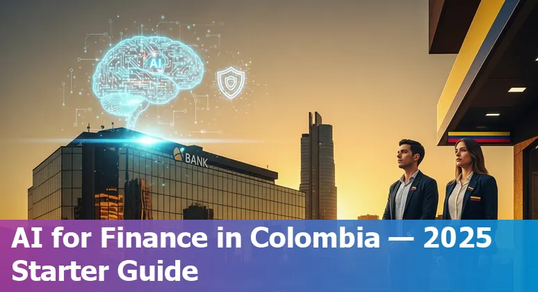 Graphic showing AI in financial services with Colombian flag, banks, data governance icons and regulatory documents for Colombia 2025