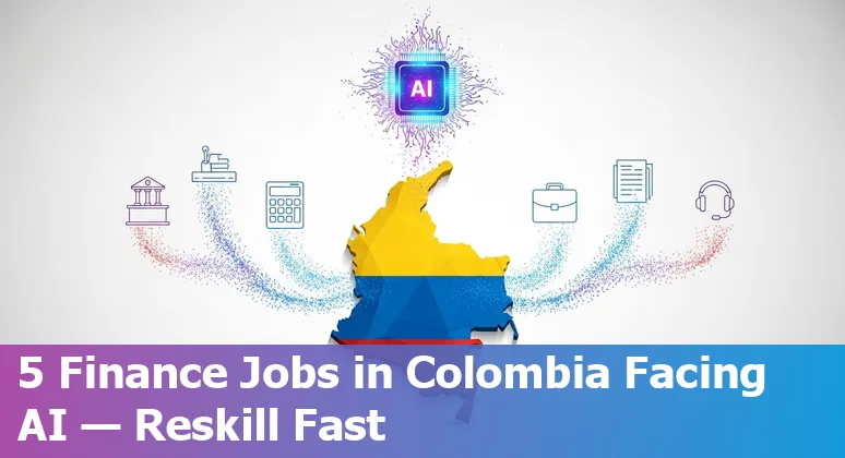 Illustration of a Colombian bank employee interacting with an AI chatbot on a tablet