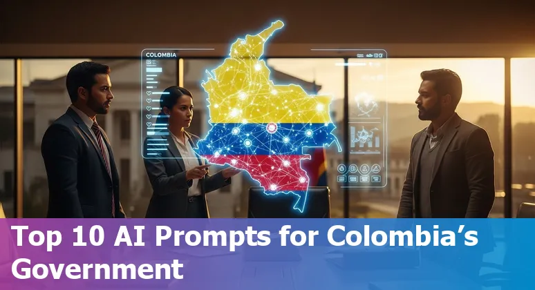 Illustration of government AI use cases in Colombia: chatbots, health analytics, agriculture, disaster response and compliance.