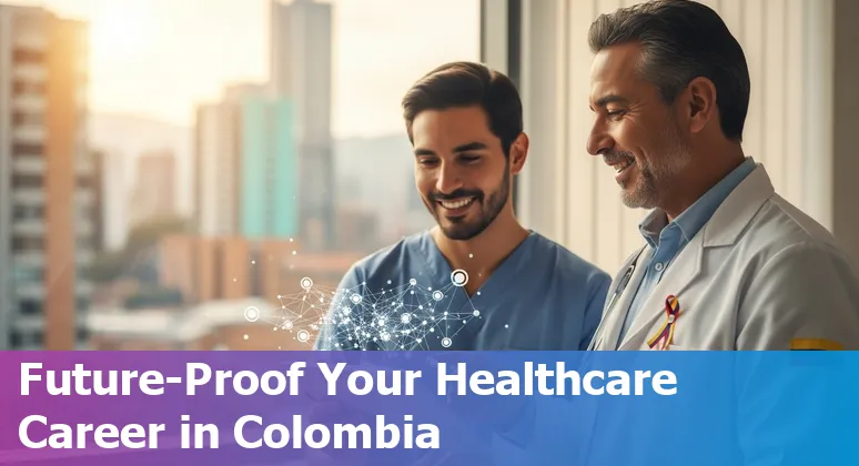 Healthcare workers in Colombia learning about AI tools, icons representing coding, radiology, labs, administration, and pharmacy.
