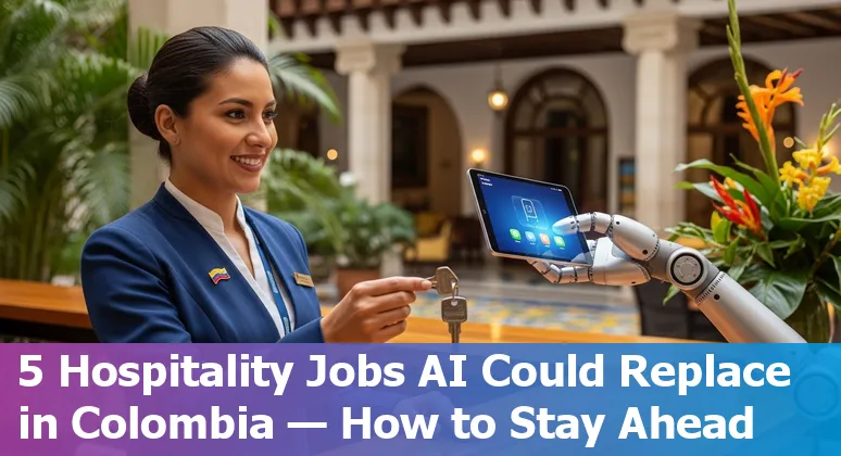Colombian hotel lobby with receptionist using a tablet and a chatbot overlay representing AI assistance