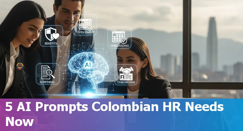 Colombian HR professional using laptop with AI prompts on screen and Colombian flag icon