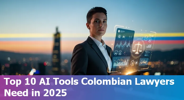 Colombian lawyer using AI tools on a laptop with Colombian flag and legal documents.