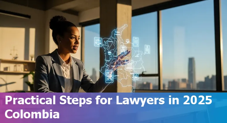 Lawyer using AI tools with Colombia flag in background illustrating AI impact on legal jobs in Colombia