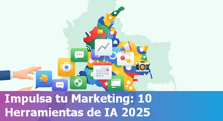 Collage of AI marketing tool logos with Colombian flag and a marketer working on a laptop