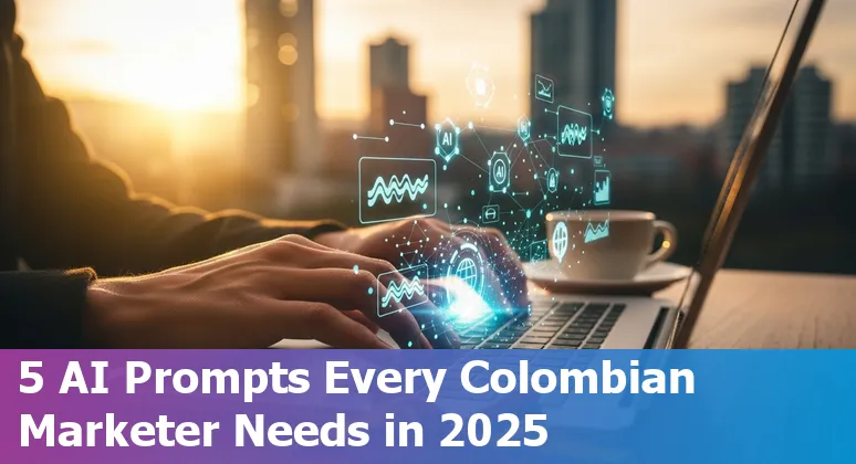 Marketing professional in Colombia using AI prompts on a laptop with Bogotá skyline in the background