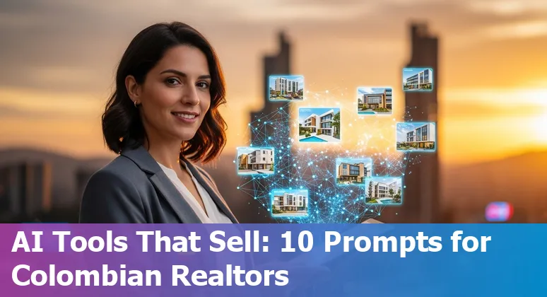 Illustration of AI tools applied to Colombian real estate: listings, valuations, chatbots, and compliance.