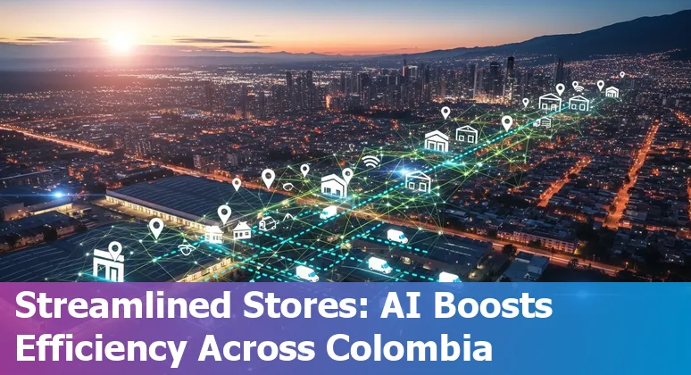 Retail workers using AI tools in a Bogotá store, Colombia — inventory forecasting and chatbot analytics