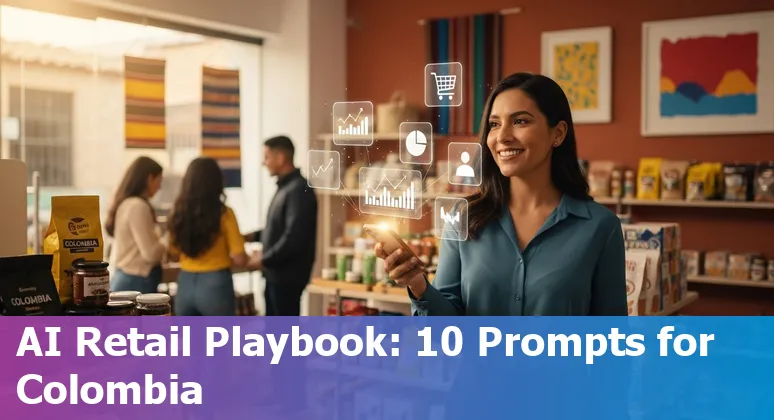 Illustration of AI in Colombian retail showing recommendations, forecasting, pricing, chatbots, visual search, and last‑mile delivery.