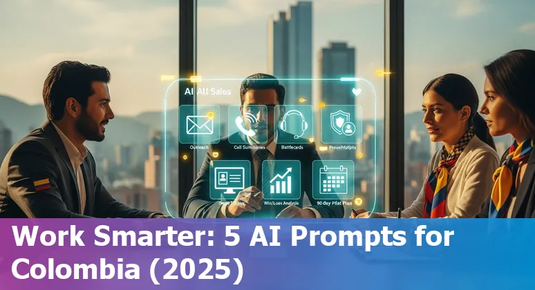 Sales professional using AI prompts on a laptop with the Bogotá skyline in the background