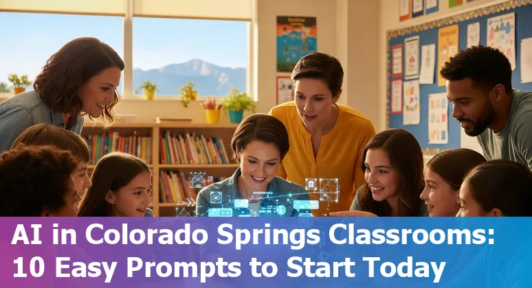 Teacher using AI prompts on a laptop to create lesson plans for Colorado Springs classrooms with local school logos in the background